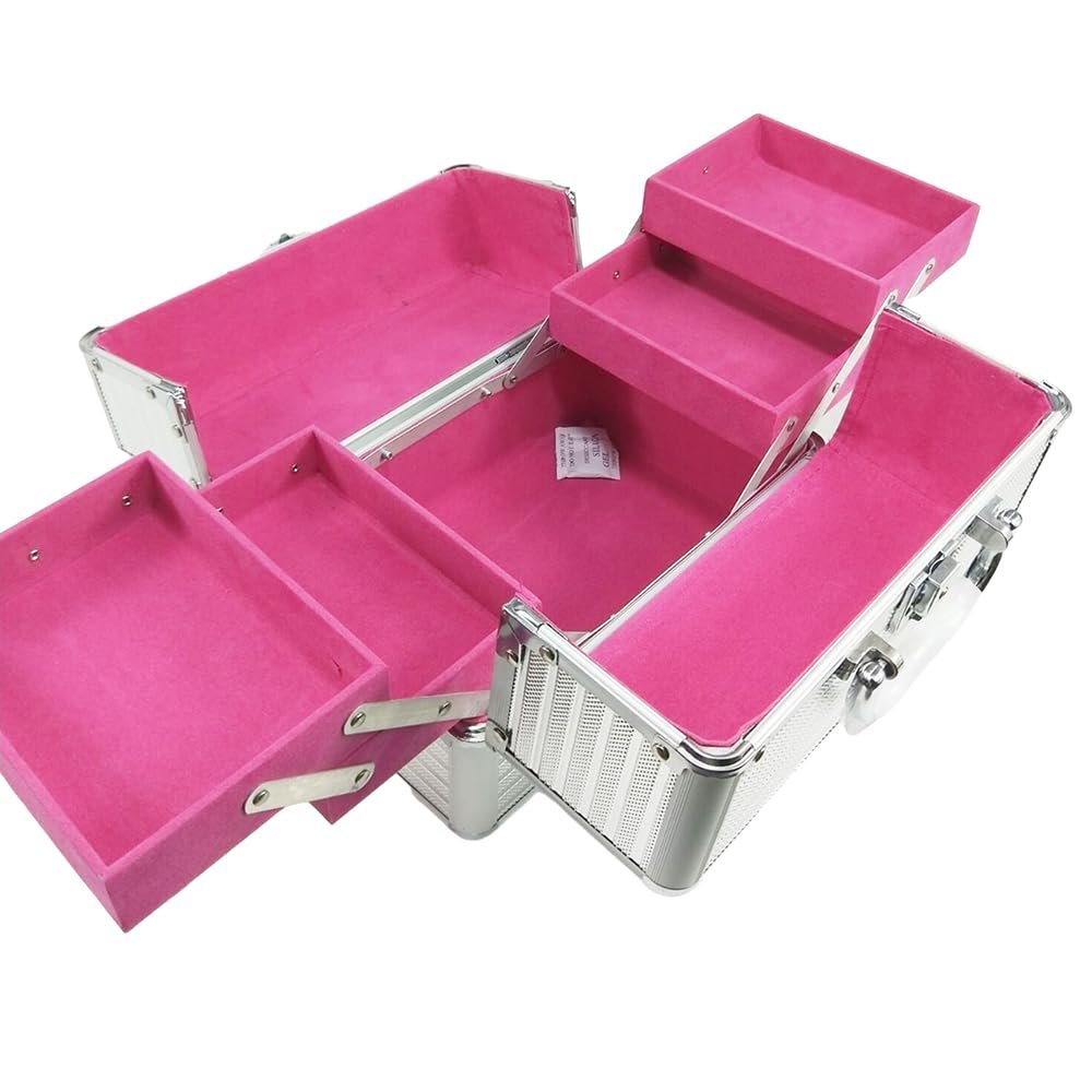 Dioche Large Makeup Case with High Capacity Storage with Lockable for Home Salon, Makeup Tools Traveling Makeup Case 25x17x17cm (Silver Strip Red Bottom)