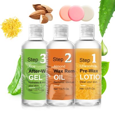 Before And After Waxing Skin Care Products, Chamomile Pre Wax Cleanser Lotion, Almond Oil Moisturizing Wax Remover, Post Wax Cooling Aloe Vera Gel, 3 Bottles Hair Removal Waxing Kit for Women