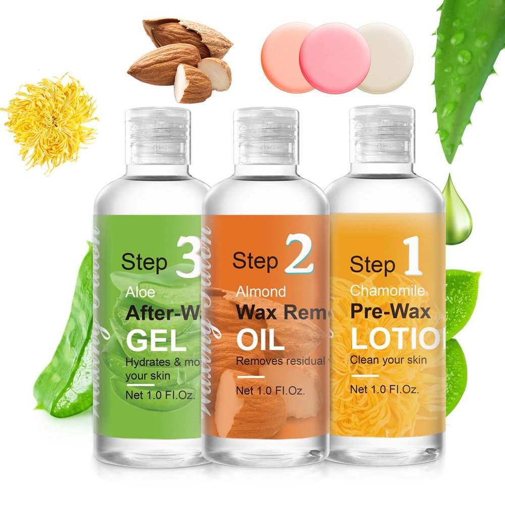Before And After Waxing Skin Care Products, Chamomile Pre Wax Cleanser Lotion, Almond Oil Moisturizing Wax Remover, Post Wax Cooling Aloe Vera Gel, 3 Bottles Hair Removal Waxing Kit for Women