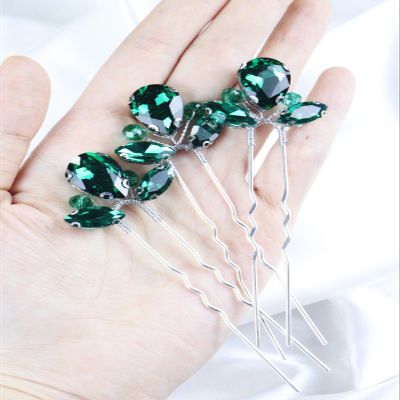 Brihasory Rhinestone Hair Pins 3PCS Wedding Hair Pieces for Brides, Handmade Crystal Bridal Hair Clip for Women Hair Accessories, Daily Party Prom Hair Decoration Bridesmaid Gifts(Green Silver)