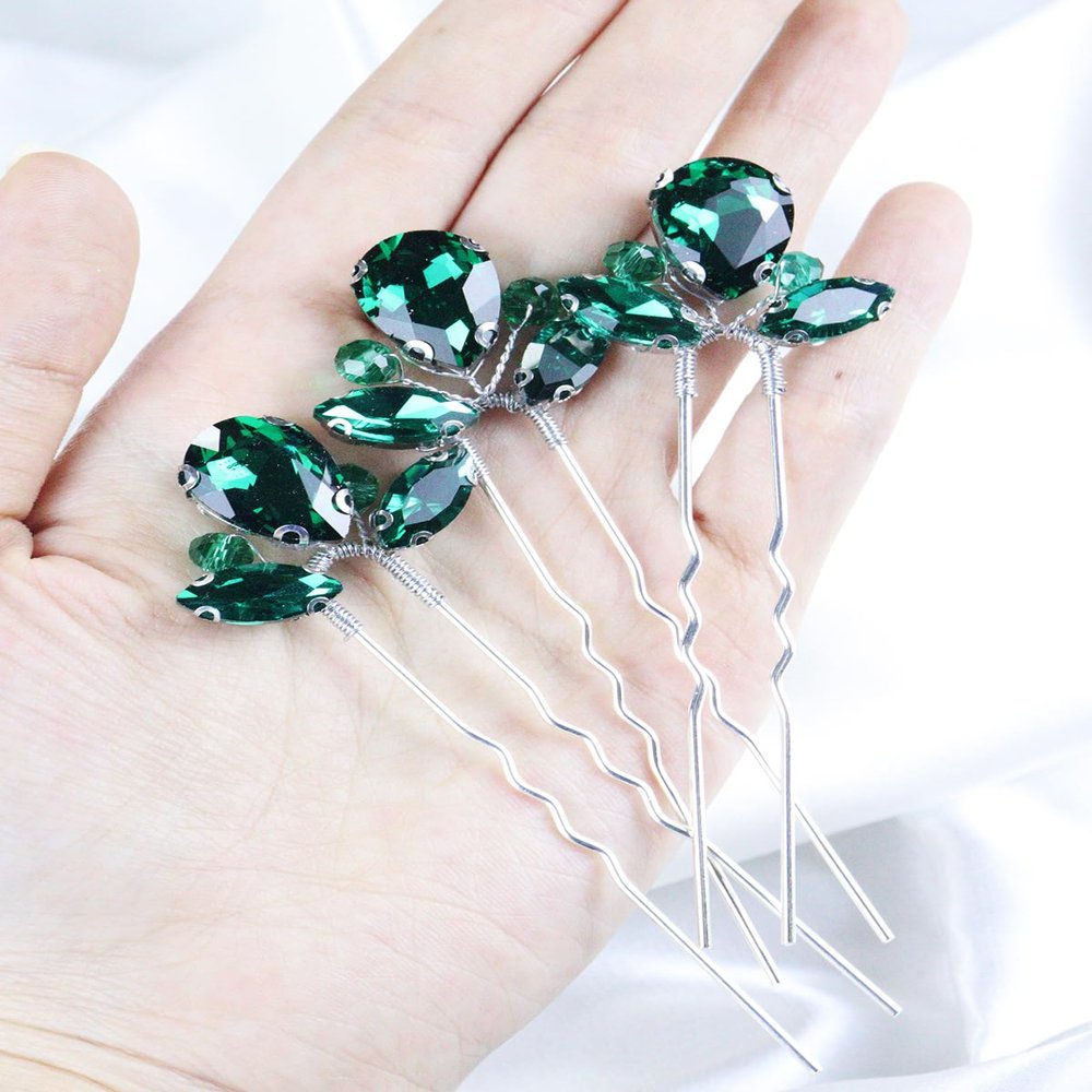 Brihasory Rhinestone Hair Pins 3PCS Wedding Hair Pieces for Brides, Handmade Crystal Bridal Hair Clip for Women Hair Accessories, Daily Party Prom Hair Decoration Bridesmaid Gifts(Green Silver)