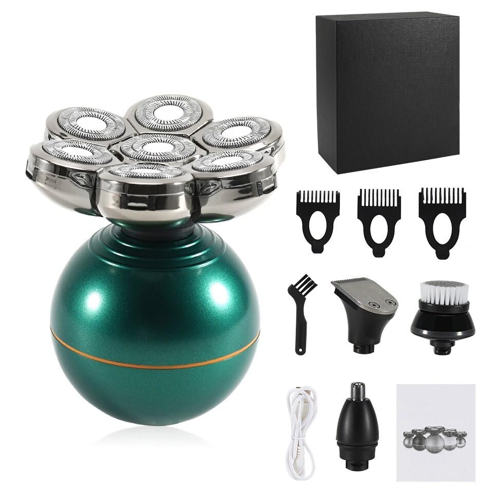 Head Shavers for Bald Men, 4 in 1 Rechargeable 7D Floating Cutter Head Electric Shaver/Bald Machine Men's Body Trimmer Facial Electric Razor Balde Shaving (Color : Green-4in1-Box)