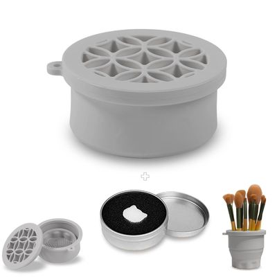 Iborrys Silicone Makeup Brush Cleaning Cup - Portable Foldable Holder, Bottom-Embedded Cleaning Mat & 2-in-1 Cleaner & Dryer (Grey)