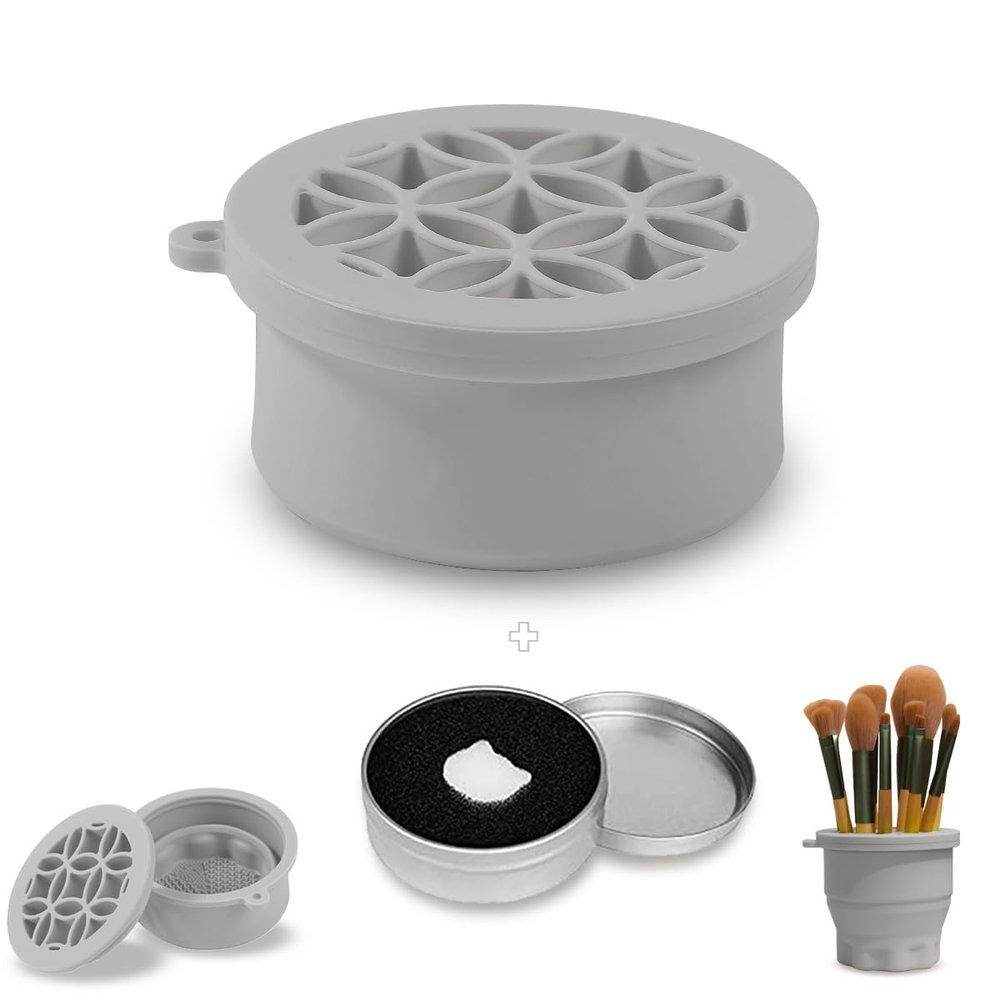 Iborrys Silicone Makeup Brush Cleaning Cup - Portable Foldable Holder, Bottom-Embedded Cleaning Mat & 2-in-1 Cleaner & Dryer (Grey)