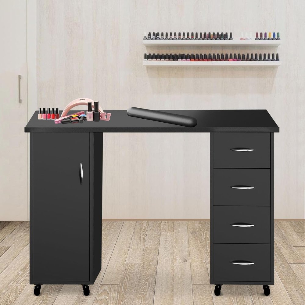 BELANITAS Nail Table for Nail Tech Desk, Manicure Table with 4 Drawers and Cabinet, Nail Station for Nail Tech with Wrist Cushion,Nails Desk with 8 Wheels for Home,Office,Nail Salon Black