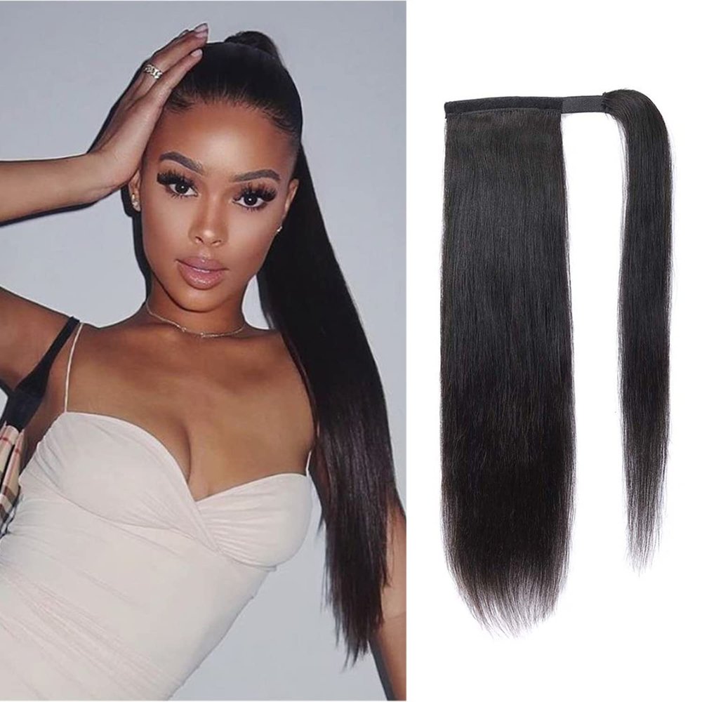 12 Inch Short Straight Human Hair Ponytail Clip in Extensions, 100% Unprocessed Brazilian Human Hair Magic Strap Wrap Around Ponytails, Magic Paste with Comb Clip on Silky Straight (12 Inch)