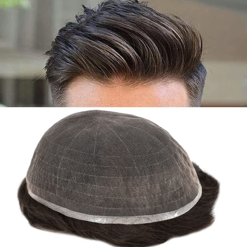 Toupee For Men Hair Piece Real Human Hair Soft Swiss Lace Front Mens Toupee Hair System For Men Protesis Capilar Para Hombre (7x9''-100% light to medium density, 220 2# DARKEST BROWN+20% GREY)