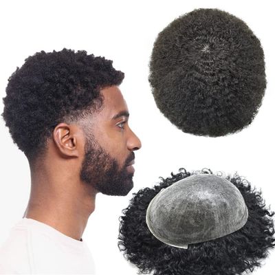 Afro Curl Toupee for Black Men Full Poly African American Man Hair Piece Hair Units for Black Man Kinky Curly Wavy Mens Toupee Human Hair Systems for Men Thin Skin PU Injected Male Hair Prosthesis