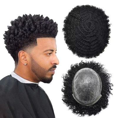 Afro Curl Toupee for Black Men Full Poly African American Man Hair Piece Hair Units for Black Man Kinky Curly Wavy Mens Toupee Human Hair Systems for Men Thin Skin PU Injected Male Hair Prosthesis