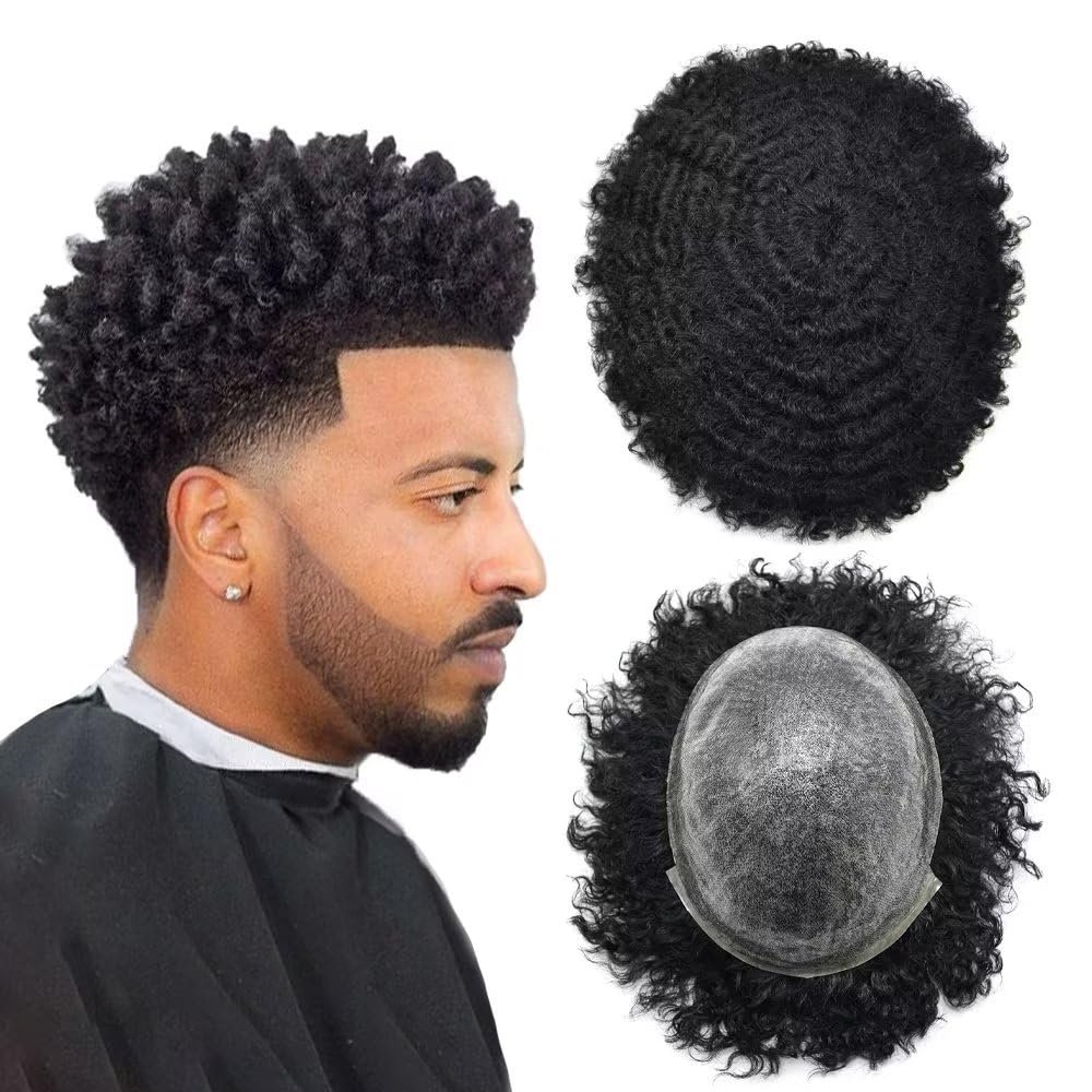 Afro Curl Toupee for Black Men Full Poly African American Man Hair Piece Hair Units for Black Man Kinky Curly Wavy Mens Toupee Human Hair Systems for Men Thin Skin PU Injected Male Hair Prosthesis