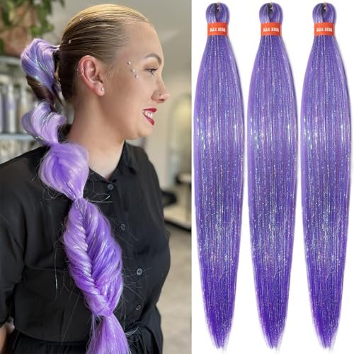 Purple Pre Stretched Braiding Hair with Tinsel Glitter 30 Inch Box Braid Hair Extensions Shinny 3 Packs Yaki Texture Pre Feathered Festival Braids Hair