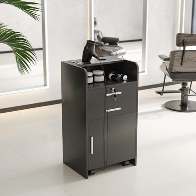Thrinian Classic Black Rolling Salon Station Beauty Cabinet Spa Locking Storage Trolley with 2-Drawer & 2 Hair Dryer Holders & 1 Spacious Cabinet for Stylist Hair Salon Barber Shops