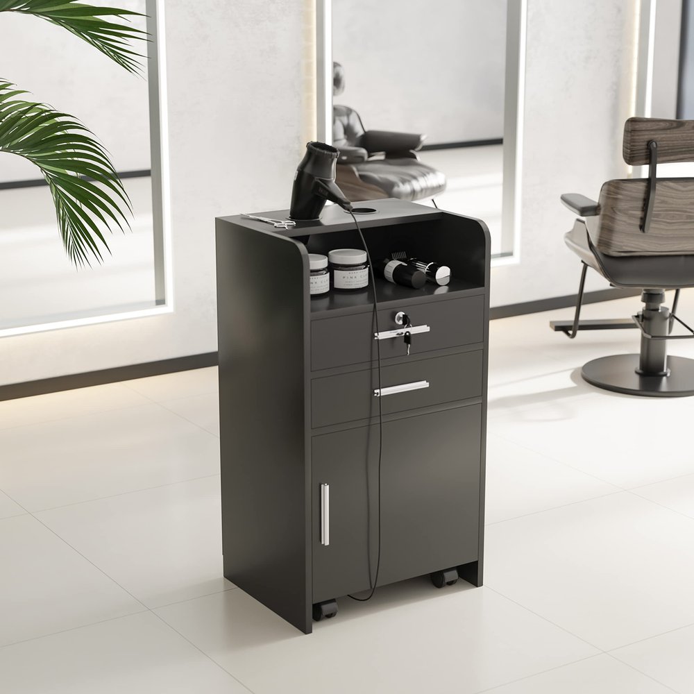 Thrinian Classic Black Rolling Salon Station Beauty Cabinet Spa Locking Storage Trolley with 2-Drawer & 2 Hair Dryer Holders & 1 Spacious Cabinet for Stylist Hair Salon Barber Shops