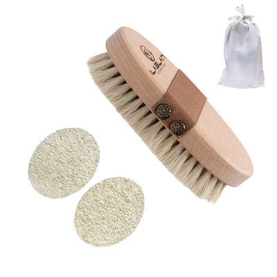 Dry Brushing Body Brush, Natural Horse Hair Exfoliating and Cleansing | Dry Skin Brushing with 2 Natural Loofah Facial Peeling Pads | Soft Bristles for Gentle Body Scrubbing and Skin Care