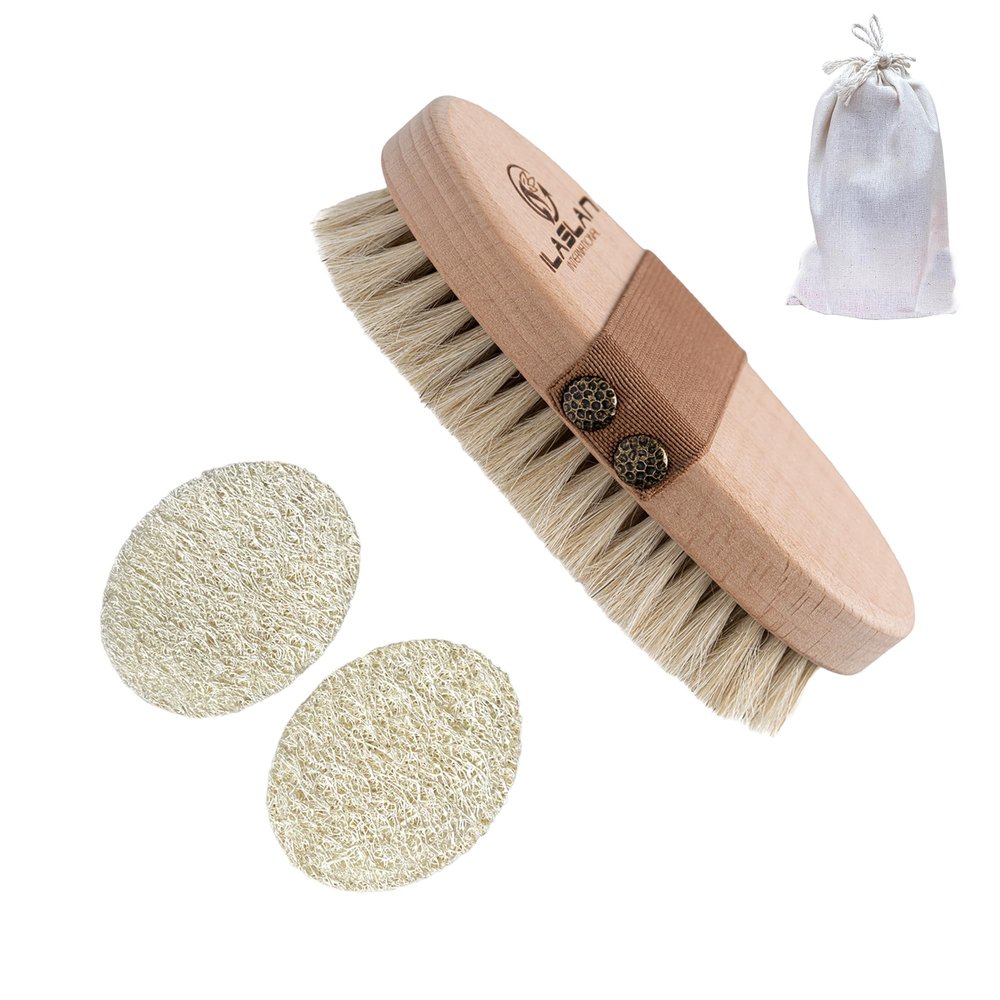 Dry Brushing Body Brush, Natural Horse Hair Exfoliating and Cleansing | Dry Skin Brushing with 2 Natural Loofah Facial Peeling Pads | Soft Bristles for Gentle Body Scrubbing and Skin Care