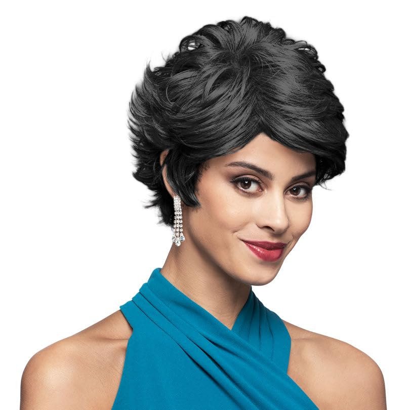 Chanel Wig Color 1 Black - Foxy Silver Wigs Short Length Wavy Feathered Fusion Heat Synthetic Side Part African American Average Cap Bundle Hairloss Booklet, Comb