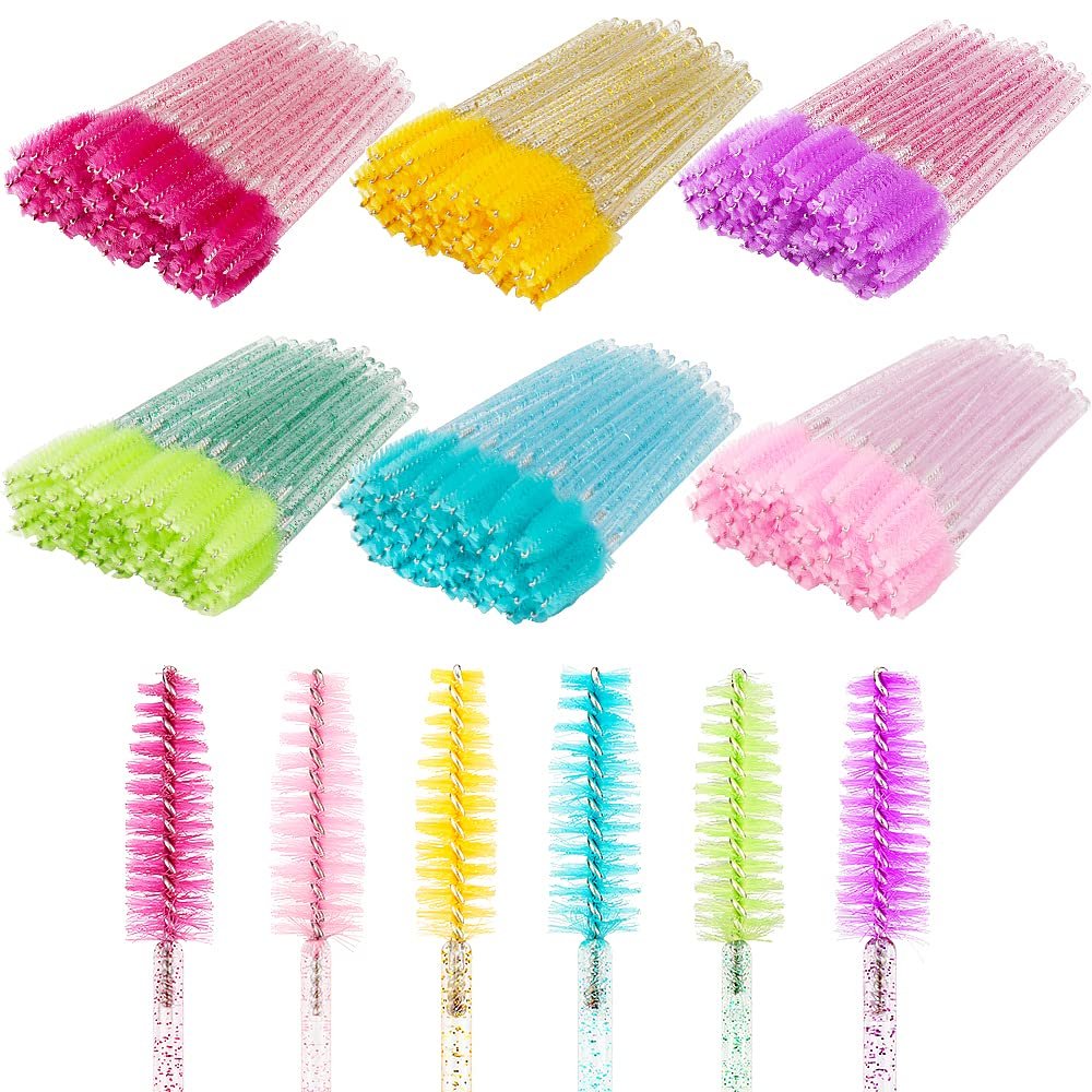 300 Pcs Crystal Spoolies Mascara Wand Eyelashes Brushes for Eyebrow Eye Lash Extension in Colorful handle (mixed 6 color)