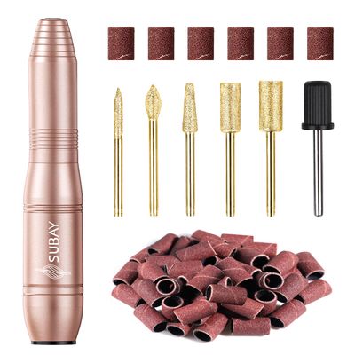 Subay Electric Nail File, Nail Drill Machine for Acrylic Gel Nails, Portable USB Nail Drill Kit Set with 6 Nail Drill Bits & 26 Sanding Bands for Home and Salon Use - Gold