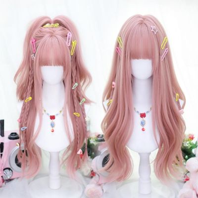 SCORRO Long Wavy Hair Curly Wig with Bangs, Pink Wig Daily Wigs Cosplay Wig Lolita Wig Hair, Cute Girl Wig Sweet Party Wig Halloween Wigs for Women Girls