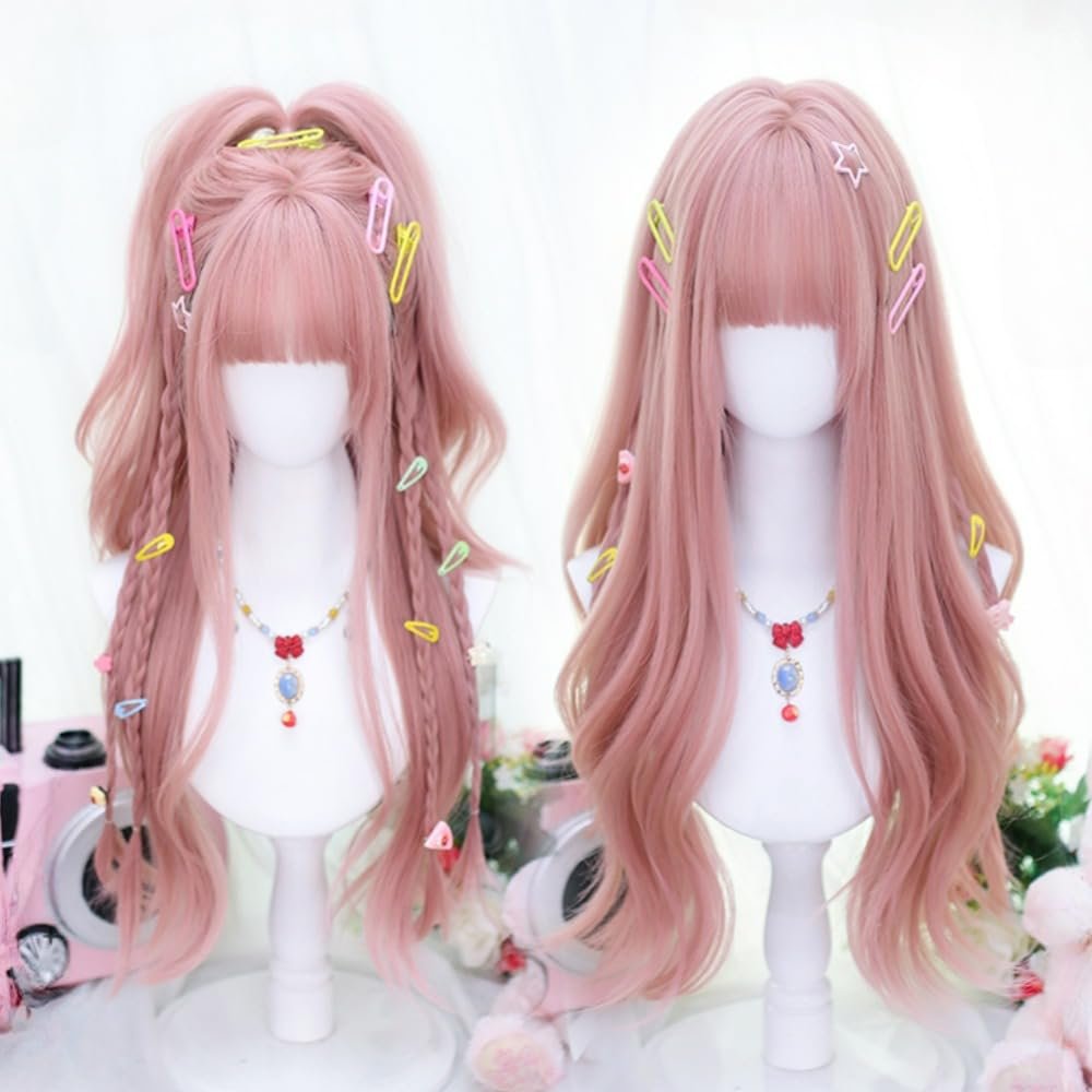 SCORRO Long Wavy Hair Curly Wig with Bangs, Pink Wig Daily Wigs Cosplay Wig Lolita Wig Hair, Cute Girl Wig Sweet Party Wig Halloween Wigs for Women Girls