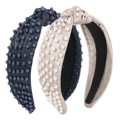 Knotted Jeweled Headband, Pearl Knotted Jeweled Hot Pink Headband for Women, Pearl Rhinestone Crystal Embellished Hairband Elegant Wide Top Knot Bride Headband Bachelorette Party (Black, Beige)