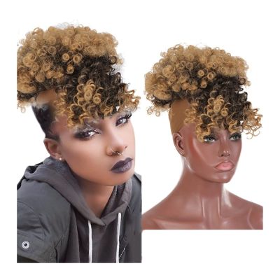 messy bun hair piece Afro High Puff Synthetic Hair Bun Ponytail Drawstring with Bangs Fluffy Afro Short Kinky Curly Pony Tail Clip in Hair Extensions for Women bun hair pieces for women ( Color : Q35-