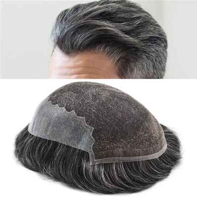 French Lace Front Mens Toupee Bleachhed Knots Human Hair System For Men Poly Skin PU Toupee For Men Natural Hairline Male Hair Prosthessis Breathable Hairphece (7"X9", #1B40 Off Black with 40%gray hair -100%density)