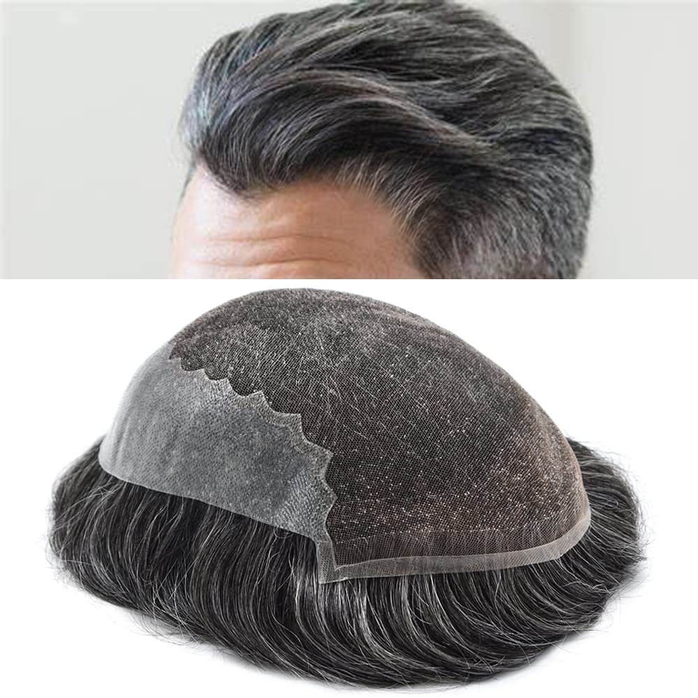 French Lace Front Mens Toupee Bleachhed Knots Human Hair System For Men Poly Skin PU Toupee For Men Natural Hairline Male Hair Prosthessis Breathable Hairphece (7"X9", #1B40 Off Black with 40%gray hair -100%density)
