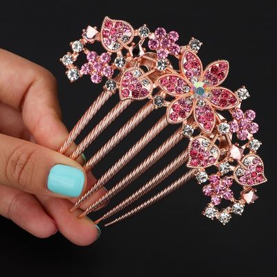 Chargances Luxury Glitter Rhinestone Flower Hair Comb Wedding Pink Crystal Heart Hair Side Comb Sparkly Gems Bridal Hair Accessories Headpiece for Women and Girls (Pink)