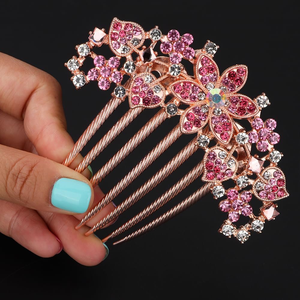 Chargances Luxury Glitter Rhinestone Flower Hair Comb Wedding Pink Crystal Heart Hair Side Comb Sparkly Gems Bridal Hair Accessories Headpiece for Women and Girls (Pink)