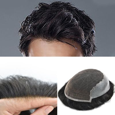 French Lace Front Mens Toupee Bleachhed Knots Human Hair System For Men Poly Skin PU Toupee For Men Natural Hairline Male Hair Prosthessis Breathable Hairphece (7"X9", #1 Jet Black-90%density)