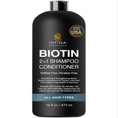 INFINA ESSENTIALS Biotin 2-in-1 Shampoo and Conditioner for Men & Women  Hair Thickening & Strengthening Shampoo with Saw Palmetto, Keratin, Caffeine & Vitamin E  Convenient Daily Use  16 fl oz