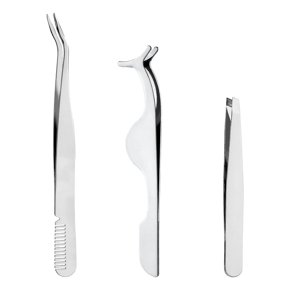 3pcs Eyelash Tweezers, 3 Styles Stainless Steel Eyebrow Tweezers to Apply Eyelash Extension Tweezers Multifunctional Lash Applicator Tool Tweezers for False Lashes Makeup(Silver)