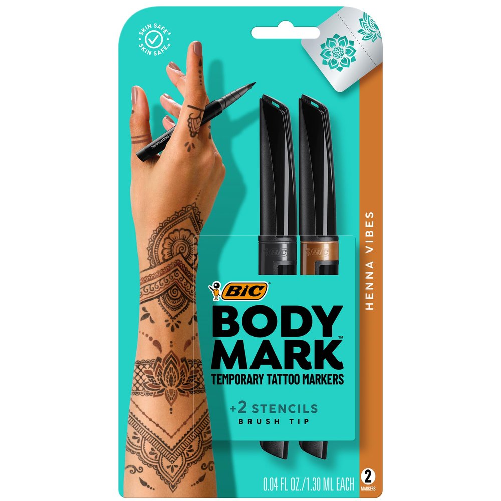 BIC BodyMark Temporary Tattoo Markers for Skin, Henna Vibes, Flexible Brush Tip, 2-Count Pack of Assorted Colors, Skin-Safe*, Cosmetic Quality