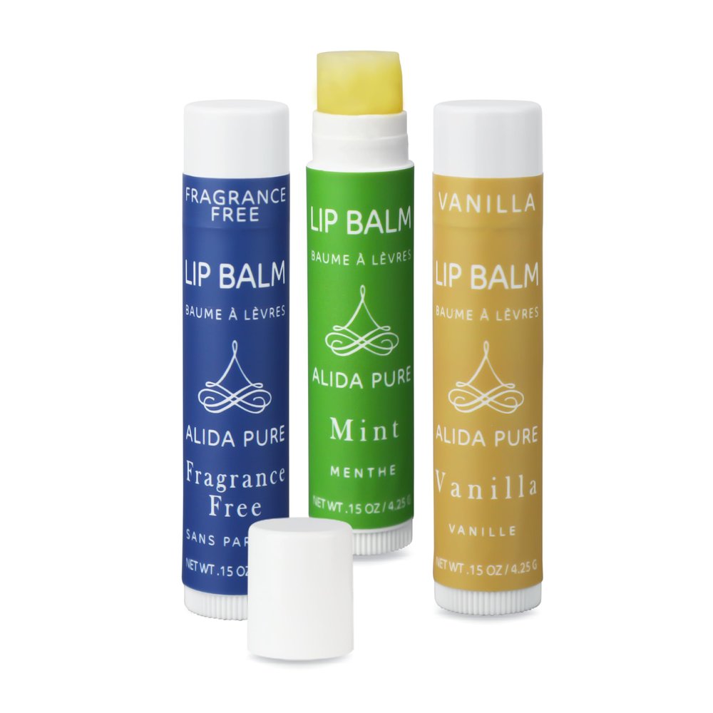 ALIDA PURE Favorites Lip Balm Collection, Vegan Set, Bees Wax Free, Coconut Oil Free, with Organic Jojoba and Avocado Oil, Vitamin E, Natural Moisturizer For Dry Cracked Lips, 3 Tube Set