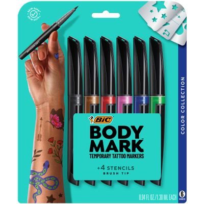 BIC BodyMarkTemporary Tattoo Markers for Skin, Color Collection, Flexible Brush Tip, 6-Count Pack of Assorted Colors, Skin-Safe*, Cosmetic Quality