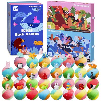 30 Kids Bath Bombs with Surprise Inside Gift Set with 30 Unique Land & Sea Animal Toys, Fun, Educational, and Child-Safe Natural Bath Bombs with Toys, Great Gift for Kids Birthdays & Christmas