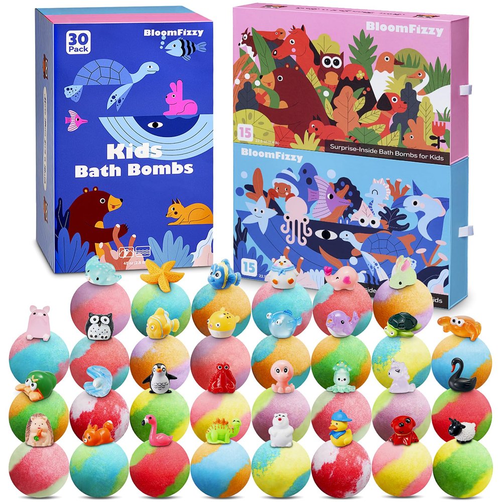 30 Kids Bath Bombs with Surprise Inside  Gift Set with 30 Unique Land & Sea Animal Toys, Fun, Educational, and Child-Safe Natural Bath Bombs with Toys, Great Gift for Kids Birthdays & Christmas
