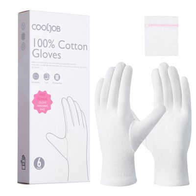 COOLJOB 6 Pairs 100% Cotton Gloves for Dry Hands Moisturizing & Eczema, Overnight Lotion, Sleep & Spa Treatment for Women & Men, Breathable Work Glove Liners, White, X-Small