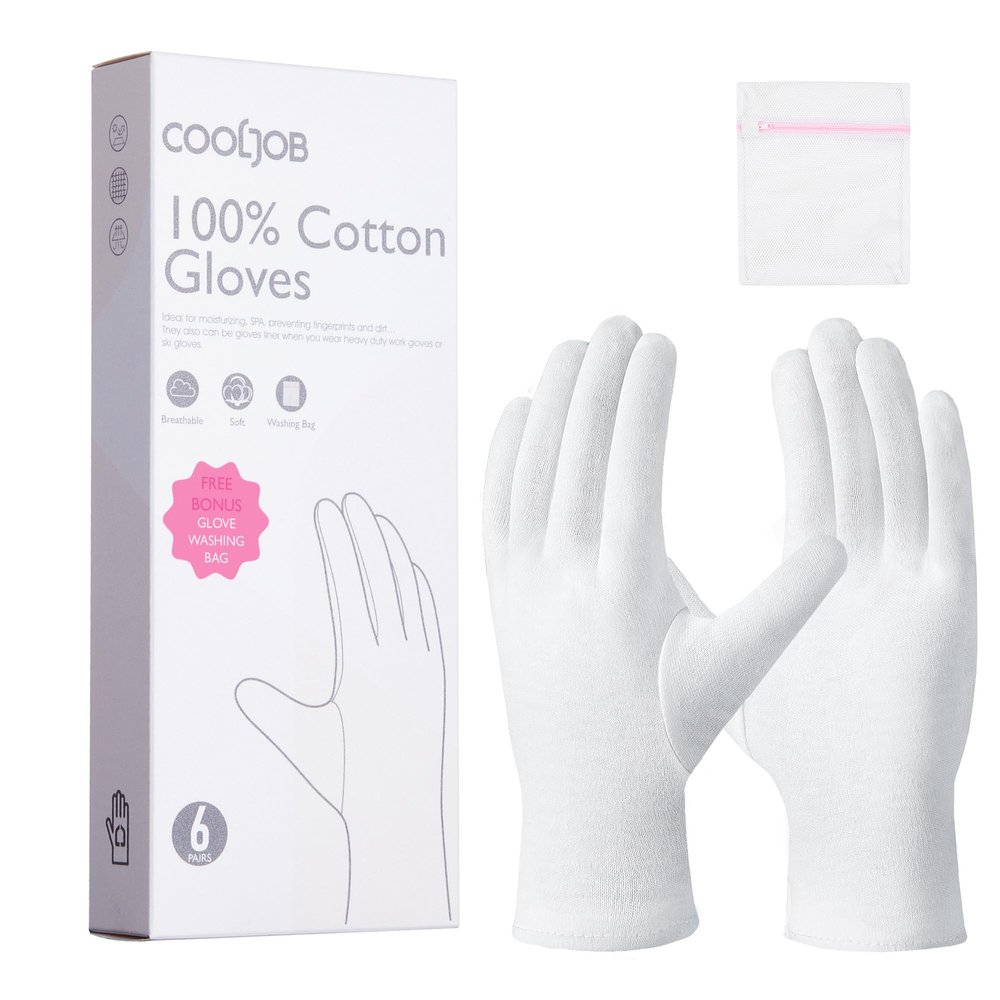 COOLJOB 6 Pairs 100% Cotton Gloves for Dry Hands Moisturizing & Eczema, Overnight Lotion, Sleep & Spa Treatment for Women & Men, Breathable Work Glove Liners, White, X-Small