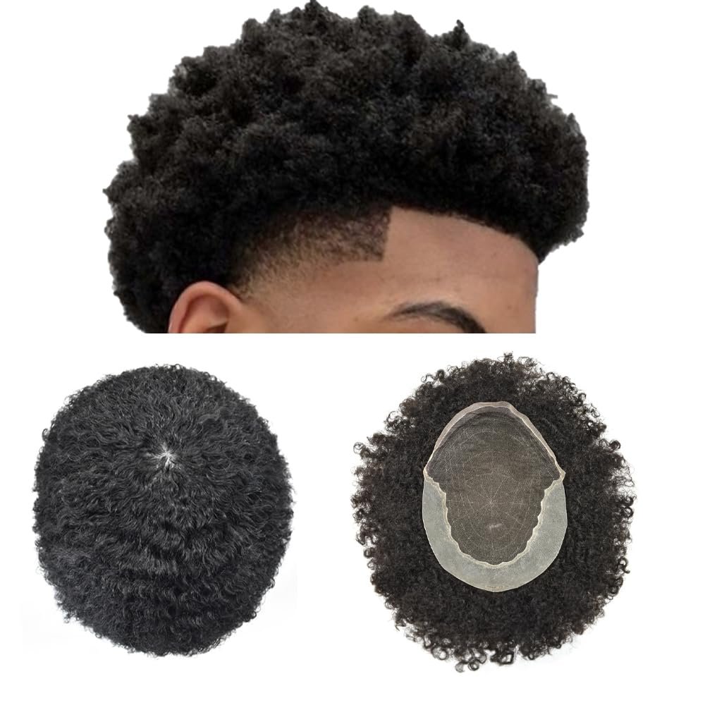 Afro Curl Toupee for Black Men 8X10 Hair System Replacement French Lace Front Kinky Curly Human Hair Unit African American Mens Wig Hair Unit Natural Afro Wavy (Afro Wavy 6mm, #1B10 Off Black+10% Gray)