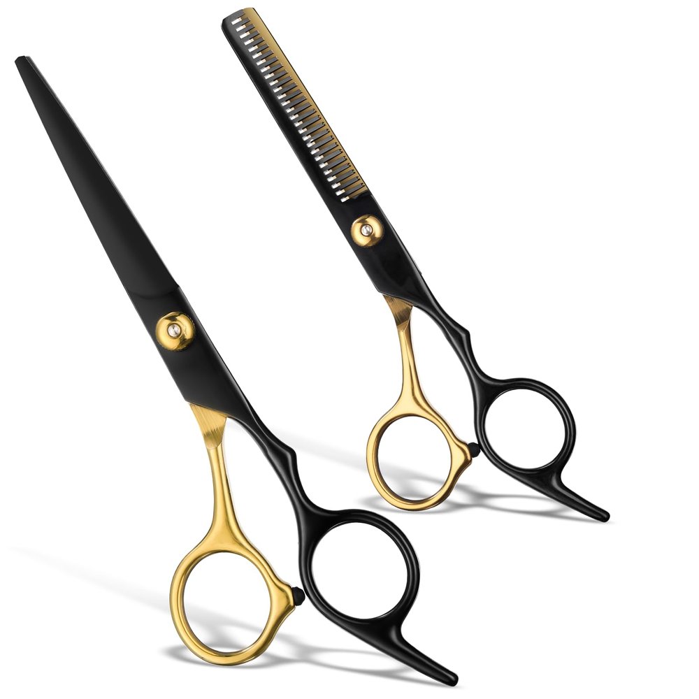 2 Pcs Sharp Hair Cutting Scissors, Stainless-Steel 6.7 Barber Scissors Professional, Multifunctional Thinning Shears for Hair Cutting, Wigs Texturizing Tools for Women Men Home Salon(Gold)