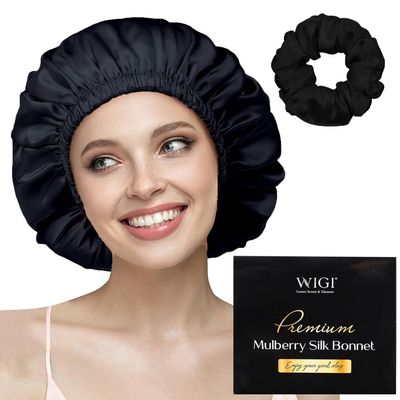 WIGI 100% Mulberry Silk Bonnet with Scrunchie Gift for Women, Silk Bonnet for Sleeping, Shower Cap Hair Bonnet, Silk Hair Wrap for Hair Care (100% Mulberry Silk (Round design), Black)