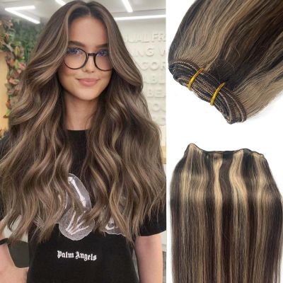 Brown Hair Weft Human Hair Extensions Real Human Hair,Balayage Sew In Hair Extensions Color Dark Brown Fading to Brown Highlight Darkest Brown Hair Extensions Straight Sew in Bundle Real Human Hair