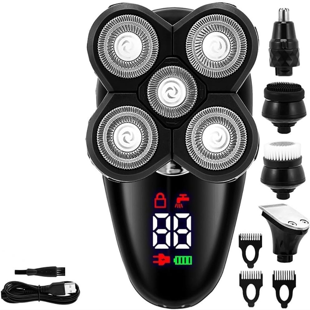 LEONYS Electric Shavers for Bald Men, 5 in 1 Electric Razor for Men Bald Head Shaver LED Display Nose Hair Beard Trimmer Clippers Facial Cleansing Brush USB Rechargeable
