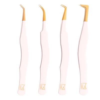 M LASH Eyelash Tweezers for Eyelash Extensions (Set of 4) - Professional Lash Extension Tweezers - Fiber Tip Lash Tweezers, Japanese Steel, Diamond Grip For Flawless Application (White)