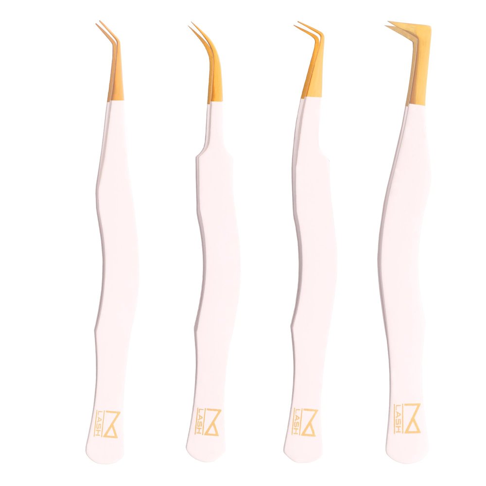 M LASH Eyelash Tweezers for Eyelash Extensions (Set of 4) - Professional Lash Extension Tweezers - Fiber Tip Lash Tweezers, Japanese Steel, Diamond Grip For Flawless Application (White)