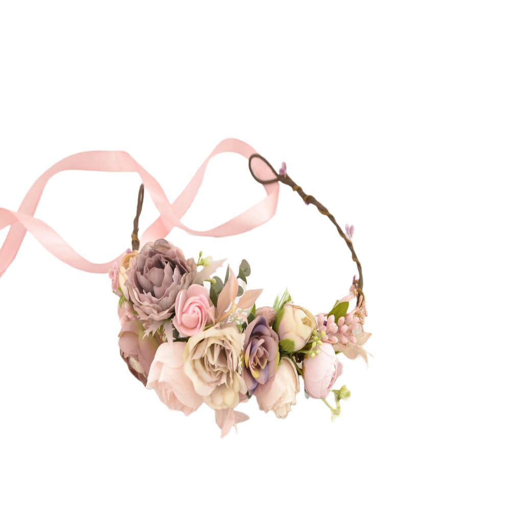 Flower Crown Bridal Wedding Hair Piece Floral Bridesmaid Hair Wreath Rustic Floral Headpiece for Women Flower Hair Crown for Flower Girls Party Hair Accessories Fake Flowers Blush Pink Dusty Purple