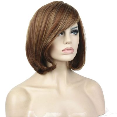 Wjnvfioo Short Straight Brown Highlighted Bob Side Swept Bangs Synthetic Wig H-WG1019 N33-30-24D 8inches