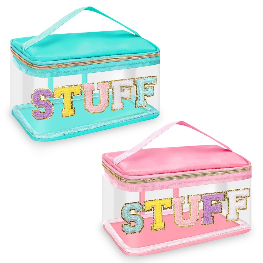 2 Pack Chenille Letter Clear Makeup Bags Stuff Pouch, Preppy Patch Makeup Bag Zipper with Handle, Pink Stuff Bags for Travel Nylon Waterproof Glitter Cosmetic Toiletry Storage for Women(Pink+Green)